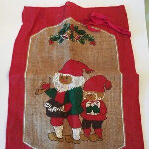 Vintage Scandinavian Elf Gnome Burlap Christmas Bag, Nordic Folk Art Jute 1960s
